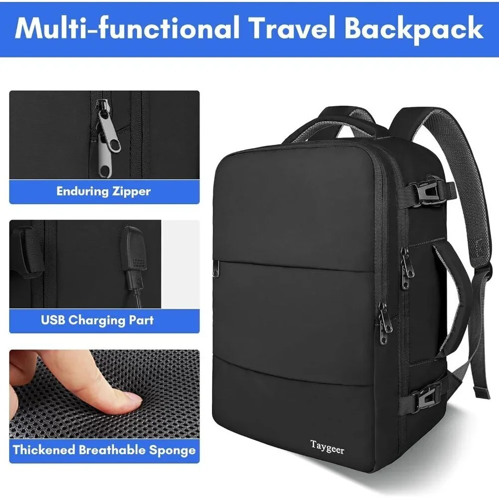 Travel Black Backpack for Women Carry On Laptop Bag USB Port Shoe Pouch TSA